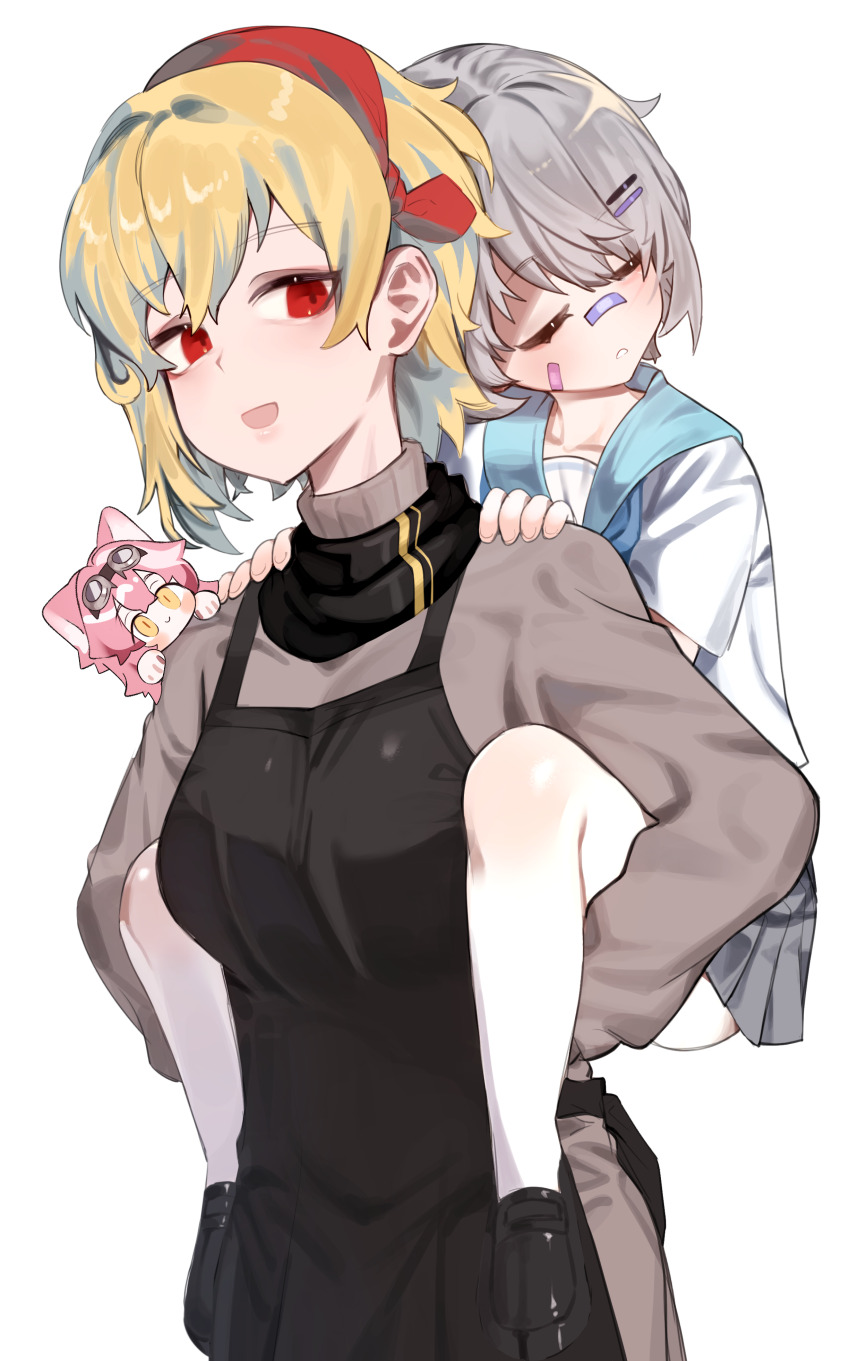 3girls absurdres animal_ears apron bandaid bandaid_on_cheek bandaid_on_face bandaid_on_nose black_apron blonde_hair blue_sailor_collar carrying chibi closed_eyes closed_mouth commentary english_commentary goggles goggles_on_head grey_skirt grey_sweater highres hololive hololive_english hololive_indonesia kaela_kovalskia kenzeeato koseki_bijou multiple_girls open_mouth panther_ears panther_girl piggyback pink_hair raora_panthera sailor_collar school_uniform serafuku skirt sweater turtleneck turtleneck_sweater virtual_youtuber