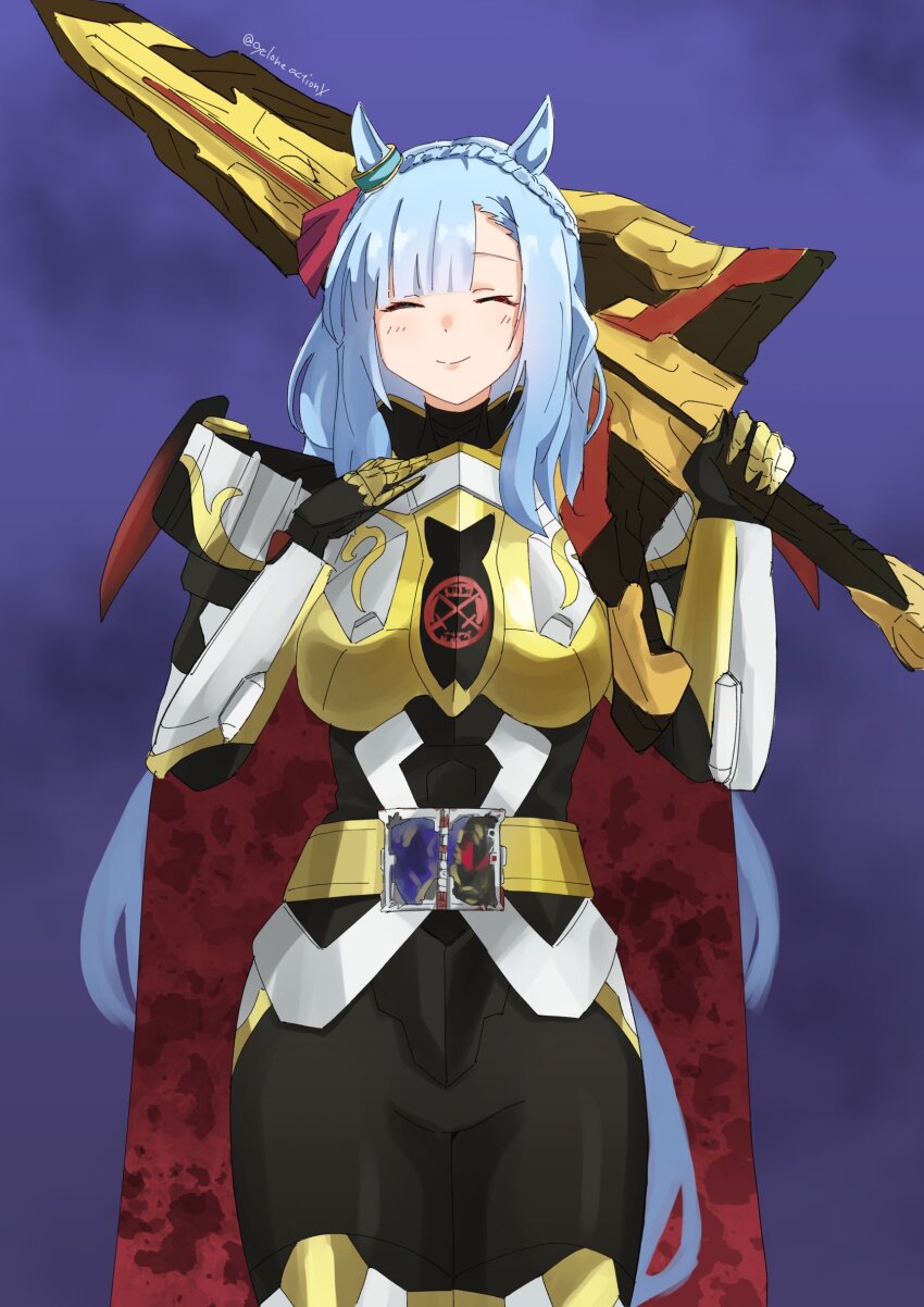 1girl absurdres animal_ears armor belt blue_hair blurry blurry_background cape closed_eyes commission cosplay cycloneactionx highres holding holding_sword holding_weapon horse_ears horse_girl kamen_rider kamen_rider_saber_(series) kamen_rider_solomon mejiro_ardan_(umamusume) purple_background red_cape skeb_commission smile solo sword tokusatsu umamusume weapon