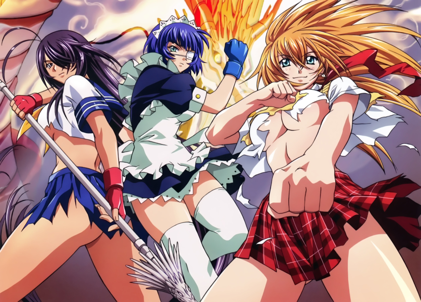 3girls absurdres ass blonde_hair blue_eyes blue_hair breasts clenched_hand clenched_hands crop_top earrings eyepatch fighting_stance fingerless_gloves gloves hair_over_one_eye highres ikkitousen ikkitousen_dragon_destiny jewelry kan&#039;u_unchou large_breasts long_hair maid medium_breasts multiple_girls no_bra plaid_clothes plaid_skirt polearm purple_hair rin-sin ryomou_shimei school_uniform skirt smile sonsaku_hakufu spear text_focus thighhighs torn_clothes underboob very_long_hair weapon zettai_ryouiki