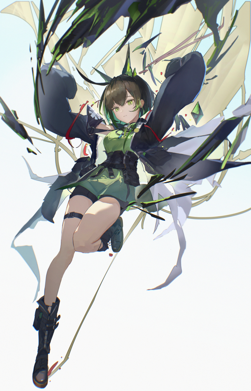 1girl arknights arms_up belt belt_buckle black_belt black_boots black_jacket black_shorts blue_background boots brown_hair buckle chinese_commentary chromatic_aberration colored_inner_hair commentary_request fashi_laizi_weilai floating gradient_background green_eyes green_hair green_shirt grey_background highres jacket knee_boots making-of_available mon3tr_(arknights) multicolored_hair outstretched_arms parted_lips pouch shirt short_hair shorts solo thigh_belt thigh_strap zipper