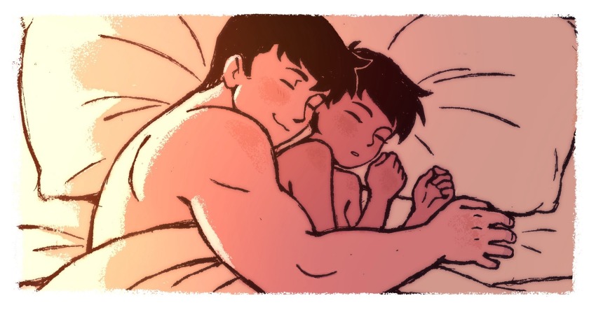 1boy 1girl black_hair clark_kent closed_eyes couple d-e-r-i dark-skinned_female dark_skin dc_comics hetero highres lois_lane lying muscular muscular_male my_adventures_with_superman on_side pillow short_hair sleeping spooning superman_(series) under_covers