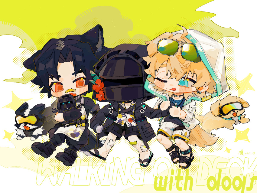 1other 2boys ahoge animal animal_collar animal_ear_fluff animal_ears anklet apron arknights bandage_on_face bandage_on_knee bandage_on_nose bandaged_leg bandages belt black_belt black_footwear black_fur black_gloves black_hair black_pants black_shirt black_shorts blonde_hair blue_eyes blue_vest bone boots chinese_commentary cloud collar commentary_request doctor_(arknights) dog dog_boy dog_ears dog_nose dog_tags dog_tail ear_piercing earrings english_text eyewear_on_head fang flower gloves goggles green-tinted_eyewear grey_shorts hair_between_eyes hair_flower hair_intakes hair_ornament hand_grab hand_up hawaiian_shirt highres holding holding_own_arm holding_stuffed_toy hood hood_up hooded_jacket huohuohuozi infection_monitor_(arknights) jacket jewelry mask messy_hair mouth_mask multiple_boys multiple_necklaces necklace one_eye_closed open_clothes open_jacket open_mouth open_shirt orange_eyes pants piercing pocket running sandals shirt shorts sparkle stuffed_toy sunglasses tail tequila_(arknights) thick_eyebrows thigh_strap tinted_eyewear tongue tongue_out turtleneck utility_belt vest white_fur windflit_(arknights) wrench yellow_background yellow_fur