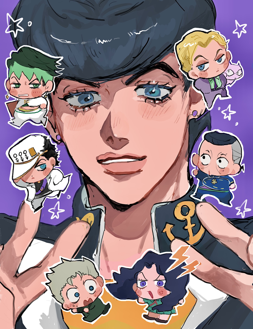 1girl 1other 6+boys :o absurdres anchor_ornament anchor_symbol behind_another black_gakuran blonde_hair blue_eyes blush chibi chibi_inset diamond_wa_kudakenai double_v earrings eyelashes green_hair grey_hair hat higashikata_josuke highres hirose_koichi jacket jewelry jojo_no_kimyou_na_bouken killer_queen kira_yoshikage kishibe_rohan kuujou_joutarou lightning_bolt_symbol long_hair looking_at_another looking_at_viewer male_focus matubaru_chan multicolored_hair multiple_boys nijimura_okuyasu outline pants parted_lips pompadour purple_background running shirt short_hair shouting solo_focus spiked_hair star_(symbol) sticker stud_earrings two-tone_hair v walking white_hat white_jacket white_outline white_pants yamagishi_yukako yellow_shirt