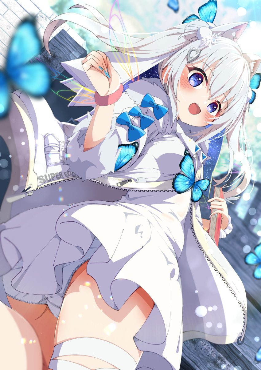 1girl :d absurdres animal_ear_fluff animal_ears ass bandaged_leg bandages blue_bow blue_butterfly blue_eyes blue_nails blurry blurry_background blurry_foreground blush bow bug butterfly butterfly_hair_ornament cat_ears cat_girl commission dress from_below fur-trimmed_jacket fur-trimmed_sleeves fur_trim goddess_of_victory:_nikke grey_hair hair_ornament highres holding insect jacket long_hair looking_at_viewer looking_back n102_(miracle_fairy)_(nikke) n102_(nikke) nail_polish open_clothes open_jacket open_mouth original outdoors panties pantyshot scrunchie shiro9jira skeb_commission smile snowflake_hair_ornament solo tail thigh_strap twintails underwear upskirt white_dress white_hair white_jacket white_panties wings wrist_scrunchie wristband zipper
