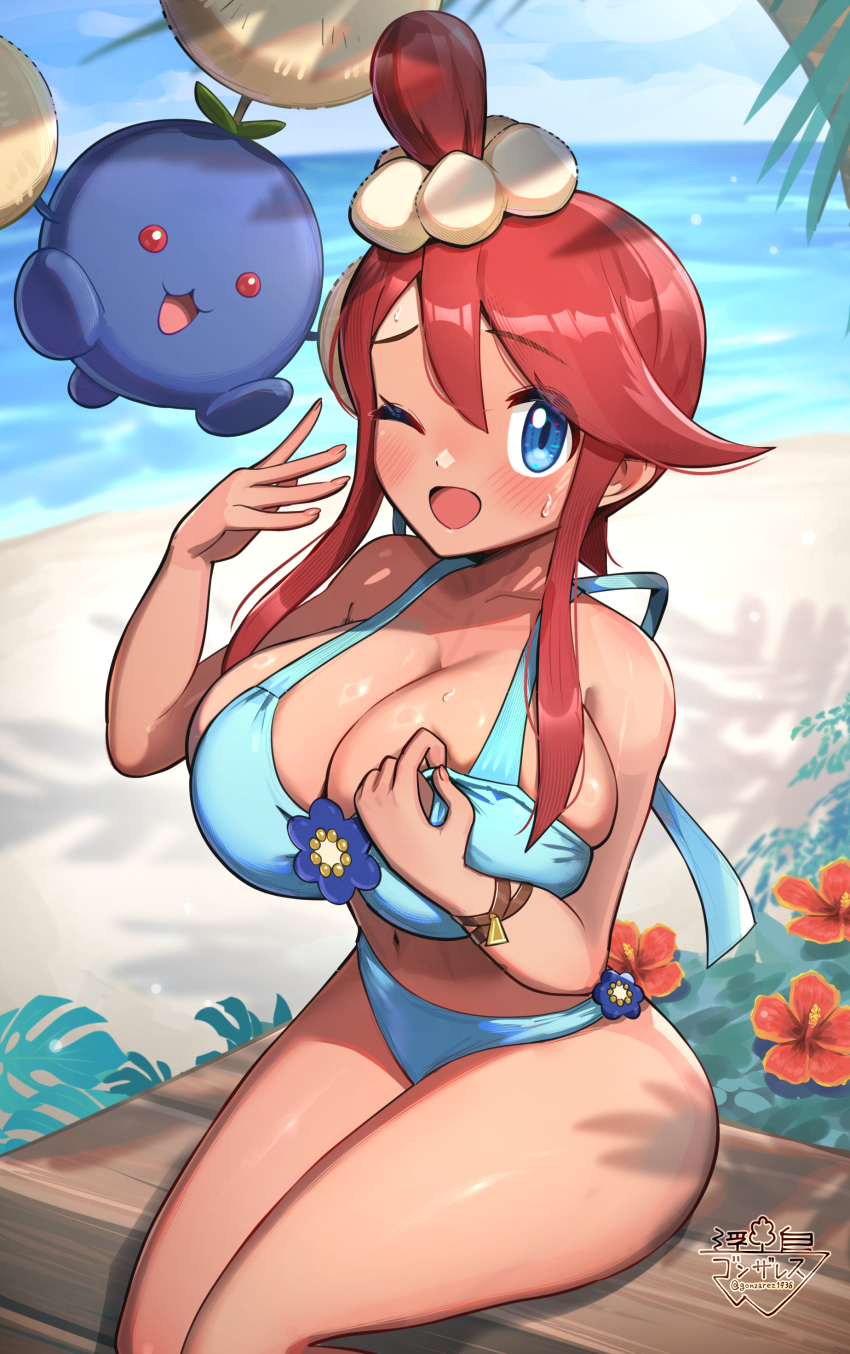 1girl absurdres artist_logo beach bikini blue_bikini blue_eyes blue_flower blush breasts cleavage commentary_request day fanning_self feet_out_of_frame flower gen_2_pokemon gonzarez hair_between_eyes hibiscus highres hot jumpluff large_breasts logo looking_at_viewer nintendo ocean one_eye_closed one_side_up open_mouth outdoors pokemon pokemon_(creature) pokemon_masters_ex red_flower red_hair shore sidelocks simple_background sitting skyla_(pokemon) skyla_(summer_2025)_(pokemon) sweat swimsuit twitter_username