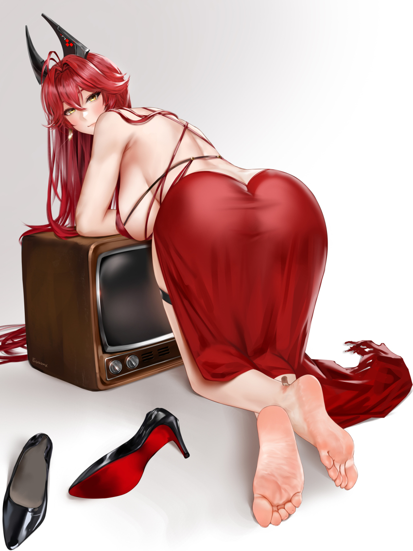 1girl absurdres antenna_hair armpit_crease ass back bandaid bandaid_on_foot bare_shoulders barefoot black_shoes blush breasts butt_crack criss-cross_back-straps criss-cross_straps crossed_ankles crt dress easonx elbow_rest feet foot_focus from_behind goddess_of_victory:_nikke hair_between_eyes high_heels highres horns large_breasts leaning_on_object legs long_hair looking_at_viewer mechanical_horns median_furrow official_alternate_costume red_dress red_hair red_hood_(nikke) red_hood_(nonsense_red)_(nikke) shoes simple_background smile soles solo thigh_strap toenails toes unworn_shoes white_background yellow_eyes