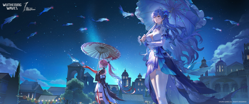 2girls absurdres black_jacket black_sleeves black_thighhighs blue_eyes blue_flower breasts cantarella_(wuthering_waves) changli_(wuthering_waves) colored_extremities commentary copyright_notice detached_sleeves dress earrings english_commentary facial_mark feather_hair feathers flower hair_flower hair_ornament headdress highres holding holding_umbrella jacket jewelry large_breasts logo long_hair looking_up mark_under_eye multicolored_hair multiple_girls night night_sky official_art oil-paper_umbrella outdoors parasol pink_hair purple_hair purple_umbrella red_feathers red_hands short_sleeves single_thighhigh sky thigh_strap thighhighs thighs two-tone_hair umbrella very_long_hair white_dress white_hair white_thighhighs white_umbrella wuthering_waves yellow_eyes