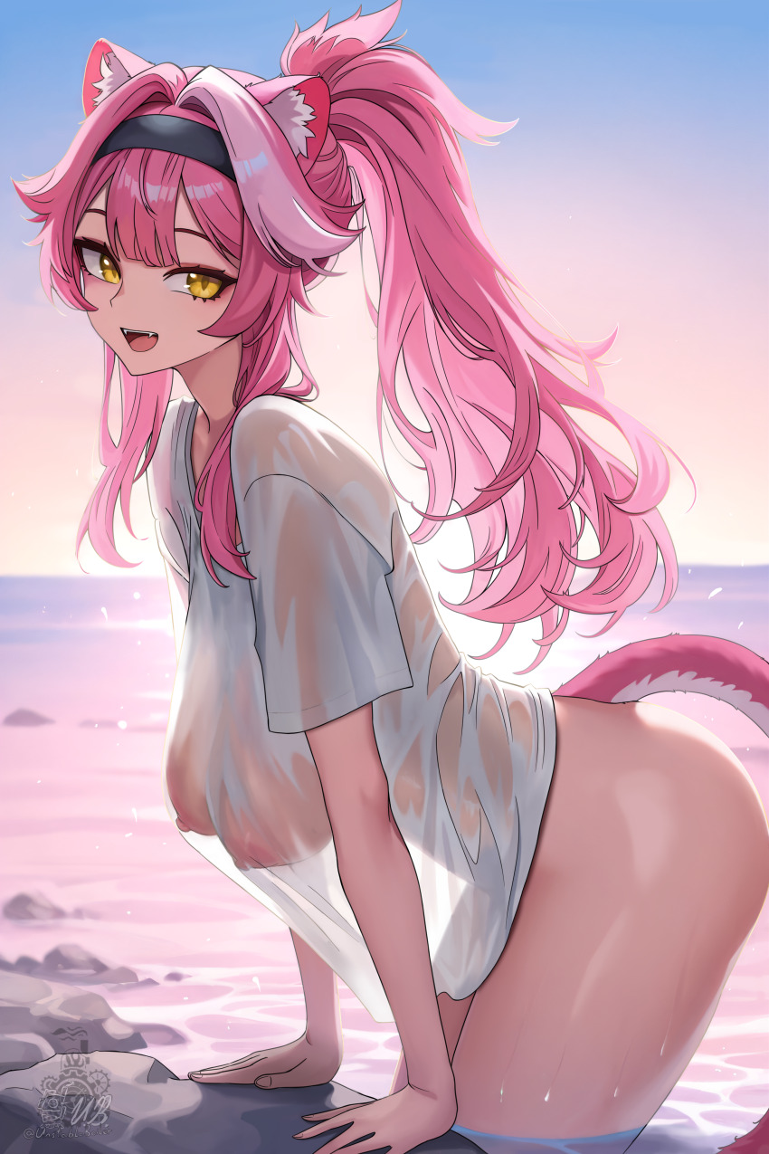 1girl :d absurdres alternate_costume alternate_hairstyle animal_ear_fluff animal_ears arm_support black_hairband breasts center-flap_bangs covered_erect_nipples day fangs from_side hairband highres hololive hololive_english large_breasts leaning_forward long_hair looking_at_viewer multicolored_hair ocean open_mouth outdoors panther_ears panther_girl panther_tail pink_hair ponytail raora_panthera see-through_clothes see-through_shirt shirt sidelocks smile solo streaked_hair t-shirt tail teeth unstableboiler upper_teeth_only virtual_youtuber wet wet_clothes wet_shirt white_hair white_shirt yellow_eyes