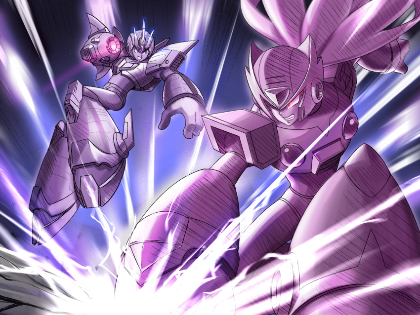 2boys android arm_cannon armor chest_jewel clenched_teeth closed_mouth dtcy energy_blast flying forehead_jewel full_body gloves helmet jet_boots long_hair male_focus mechanical_wings mega_man_(series) mega_man_x5 mega_man_x_(series) multiple_boys ponytail sensei_haruki_suetsugu_(style) shoulder_armor standing standing_on_one_leg teeth ultimate_armor_x_(mega_man) weapon wings x_(mega_man) zero_(mega_man)
