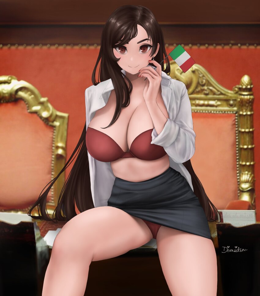 1girl absurdres black_skirt bra breasts brown_eyes brown_hair chair cleavage desk dismaiden final_fantasy final_fantasy_vii highres indoors italian_flag italian_senate_porn_livestream_(meme) large_breasts meme on_desk open_clothes open_shirt panties pantyshot red_bra red_nails red_panties shirt sitting on_desk skirt solo tifa_lockhart underwear white_shirt