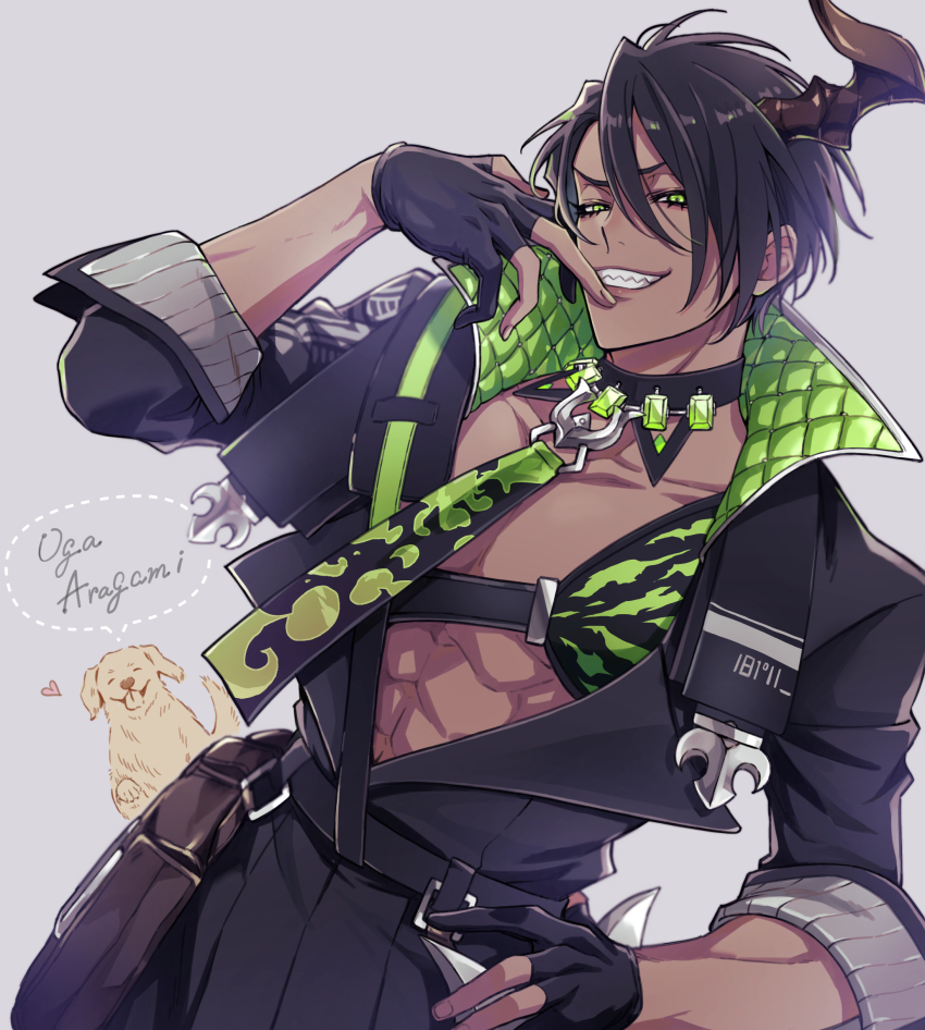 1boy abs absurdres aragami_oga belt belt_pouch black_hair black_shirt character_name chest_guard cm10th collar dark-skinned_male dark_skin dog earrings finger_to_mouth gem gloves golden_retriever green_eyes green_gemstone grey_background grin hair_between_eyes hand_on_own_hip hand_up high_collar highres holostars horns jewelry looking_at_viewer male_focus necktie open_clothes open_shirt partially_fingerless_gloves pectoral_cleavage pectorals pouch sam_browne_belt sharp_teeth shirt simple_background single_earring single_horn smile solo teeth upper_body virtual_youtuber