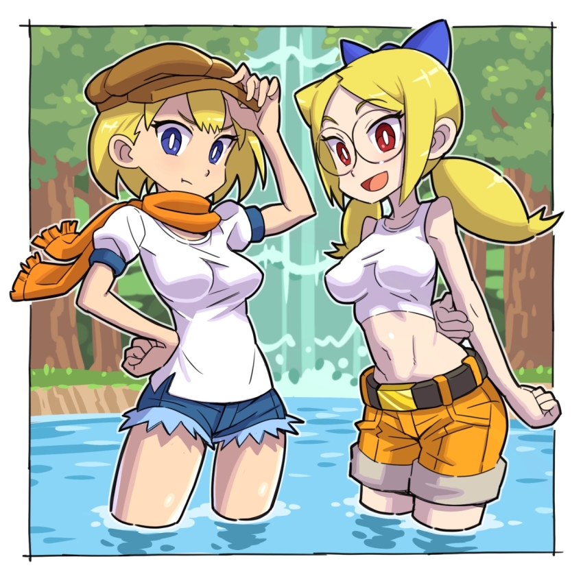 2girls arms_behind_back belt blonde_hair blue_eyes breasts bright_pupils cutoffs denim denim_shorts glasses hand_on_own_hip hat highres jitsusan long_hair midriff multiple_girls navel open_mouth outdoors outside_border red_eyes ribbon scarf shantae_(series) shantae_and_the_pirate&#039;s_curse shirt short_hair short_shorts shorts smile tank_top twintails twitch_(shantae) vinegar_(shantae) wading water waterfall