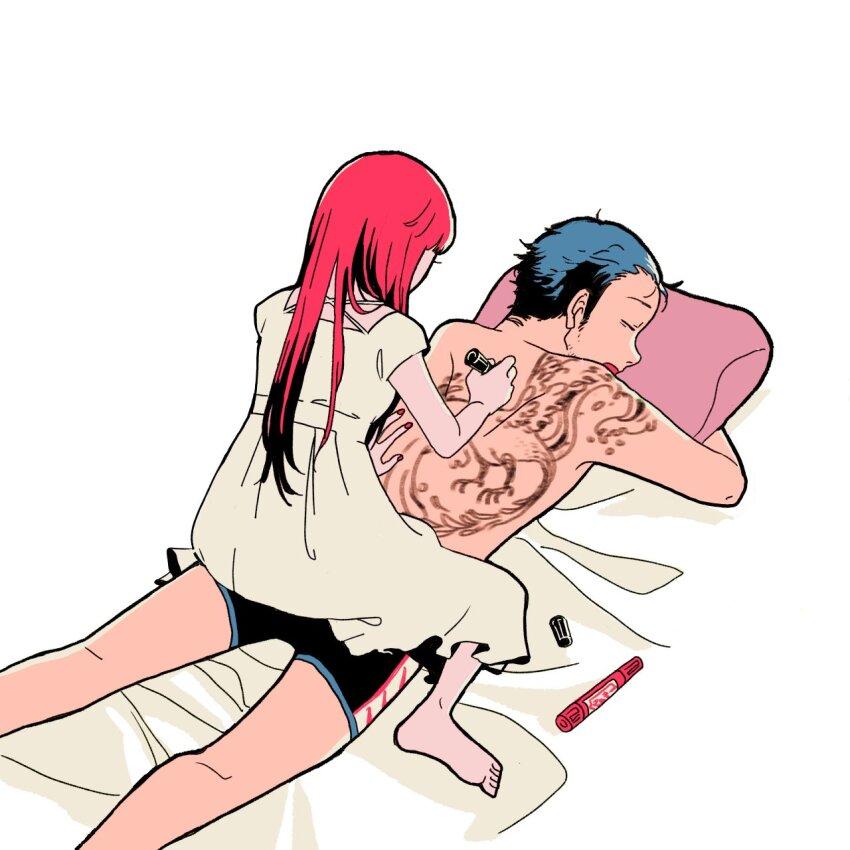 barefoot bed_sheet blue_hair city_sanzu closed_eyes commentary_request drawing_on_another dress feet_out_of_frame highres holding holding_marker iori_junpei long_hair lying male_underwear marker on_stomach open_mouth persona persona_3 red_hair sideburns simple_background sleeping straddling underwear white_background white_dress yoshino_chidori