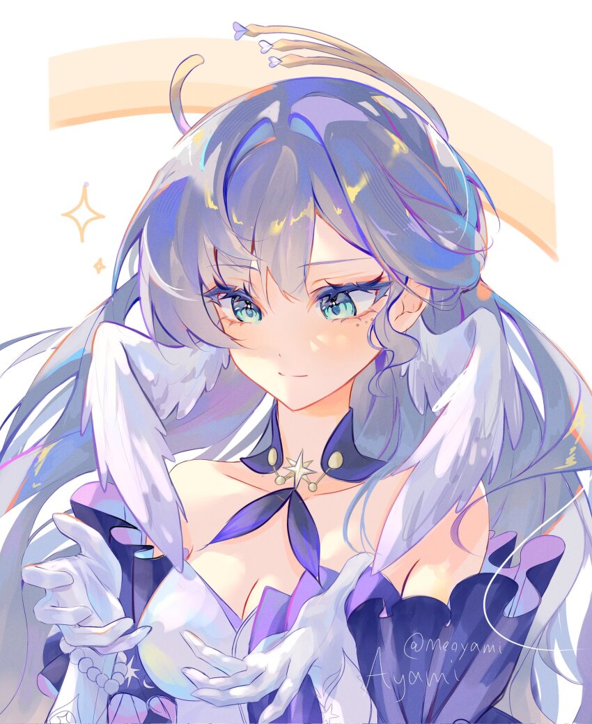 1girl collar dress face_jewel gloves halo halo_behind_head head_wings highres honkai:_star_rail honkai_(series) jewel_under_eye meoyami purple_collar purple_dress purple_sleeves robin_(honkai:_star_rail) solo two-tone_dress white_gloves white_wings wings