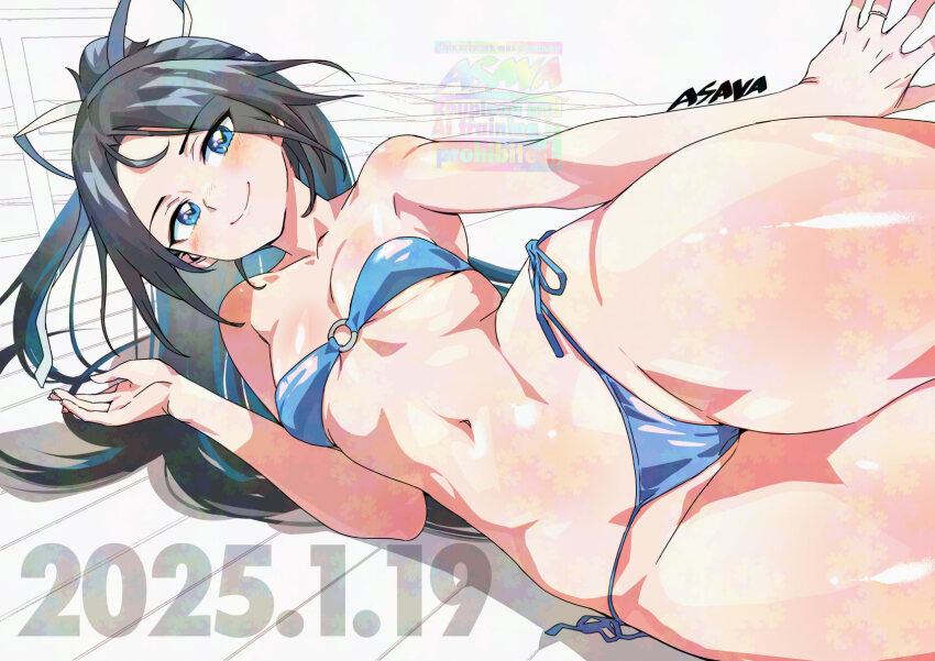 1girl artist_name asava_(hutaitenn) bikini black_hair blue_bikini blue_eyes breasts commentary_request dated highres kantai_collection katsuragi_(kancolle) long_hair o-ring o-ring_bikini o-ring_top side-tie_bikini_bottom small_breasts solo swimsuit watermark wide_hips