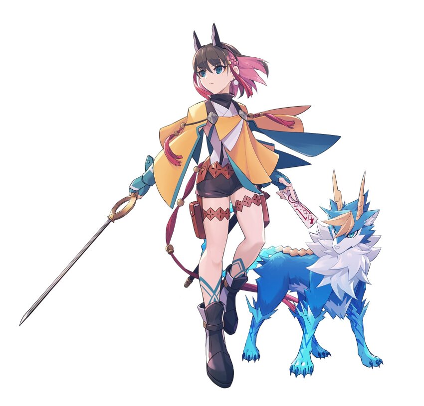 1girl azure_striker_gunvolt azure_striker_gunvolt_3 black_shorts blue_eyes blue_fur body_fur body_markings brown_hair dog earrings full_body gunvolt highres holding holding_sword holding_weapon horns jewelry kirin_(gunvolt) multicolored_hair official_art pink_hair red_hair short_hair shorts simple_background sphere_earrings sword weapon white_background yellow_cloak