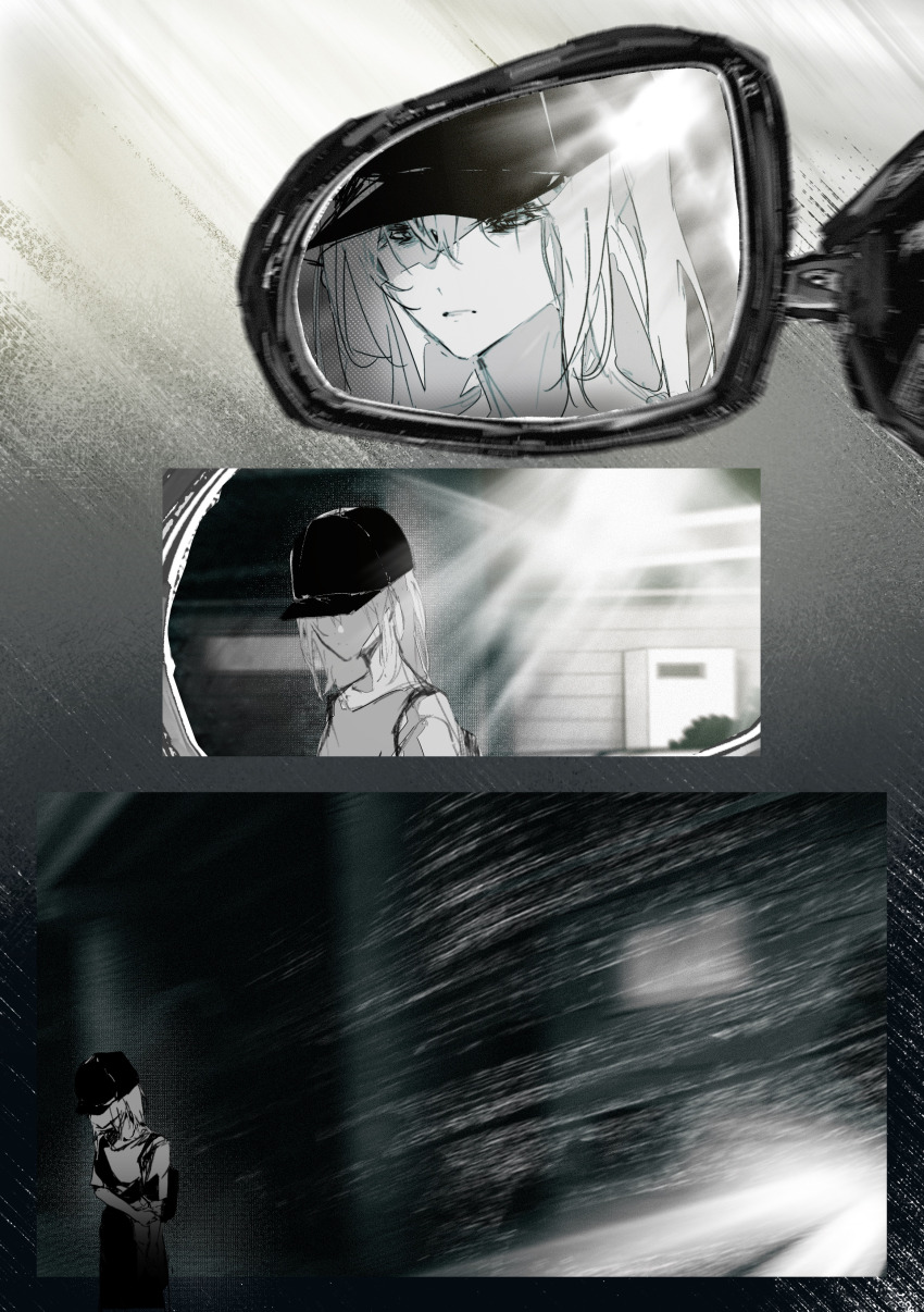 1girl absurdres bang_dream! bang_dream!_it&#039;s_mygo!!!!! baseball_cap chinese_commentary commentary_request hat highres holding_own_arm medium_hair misumi_uika rear-view_mirror shirt short_sleeves yi_chuan_xian_hua