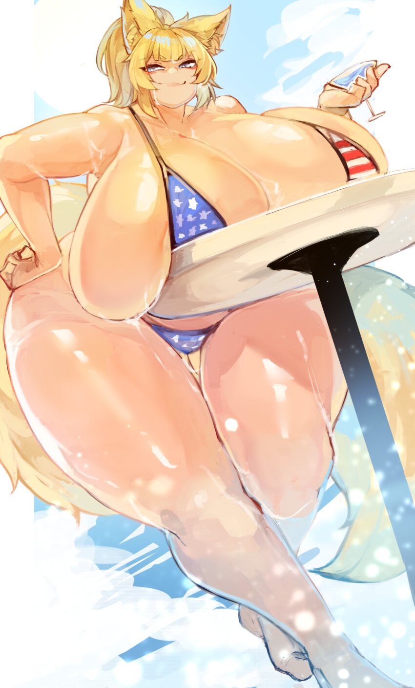 1girl absurdres american_flag american_flag_bikini american_flag_print animal_ear_fluff animal_ears bikini blonde_hair blue_eyes breast_press breast_rest breasts cleavage cocktail cocktail_glass commission cup drinking_glass flag_print flag_print_bikini fox_ears fox_girl fox_tail gigantic_breasts hand_on_own_hip highres holding holding_cup larribee leaning_forward lips long_hair mature_female original outdoors ponytail print_bikini sky smile solo standing swimsuit table tail thick_thighs thigh_gap thighs wet