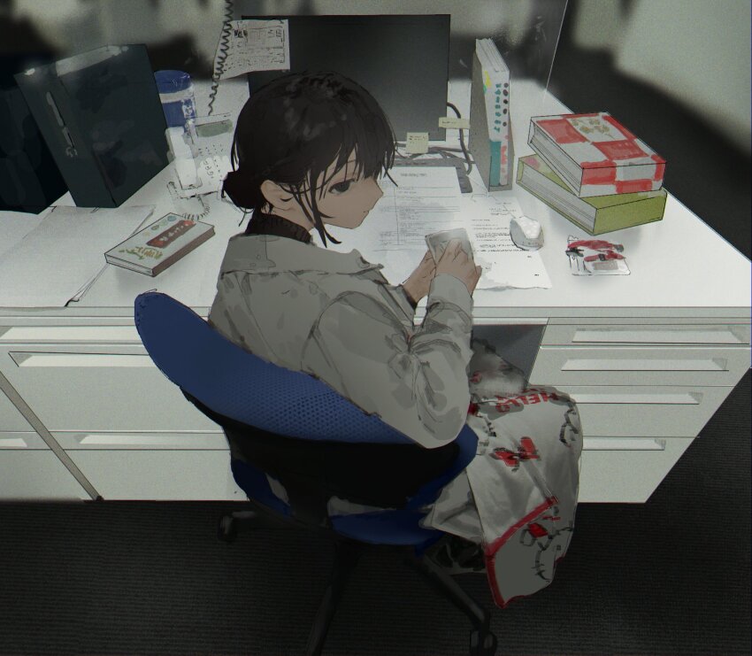 1girl black_eyes black_hair book chair commentary computer_mouse corded_phone covering_with_blanket desk from_above from_behind hair_bun hello_kitty highres looking_at_viewer looking_back monitor nemiya office office_chair original paper phone sanrio short_hair solo sticky_note swivel_chair