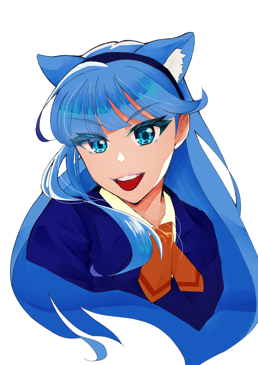 1girl :d absurdres animal_ears black_hairband blue_hair blunt_bangs cat_ears cat_girl fumiko-teraoka hairband highres long_hair magic_knight_rayearth open_mouth pale_skin ryuuzaki_umi school_uniform simple_background smile solo teeth thick_eyelashes upper_body upper_teeth_only v-shaped_eyebrows white_background