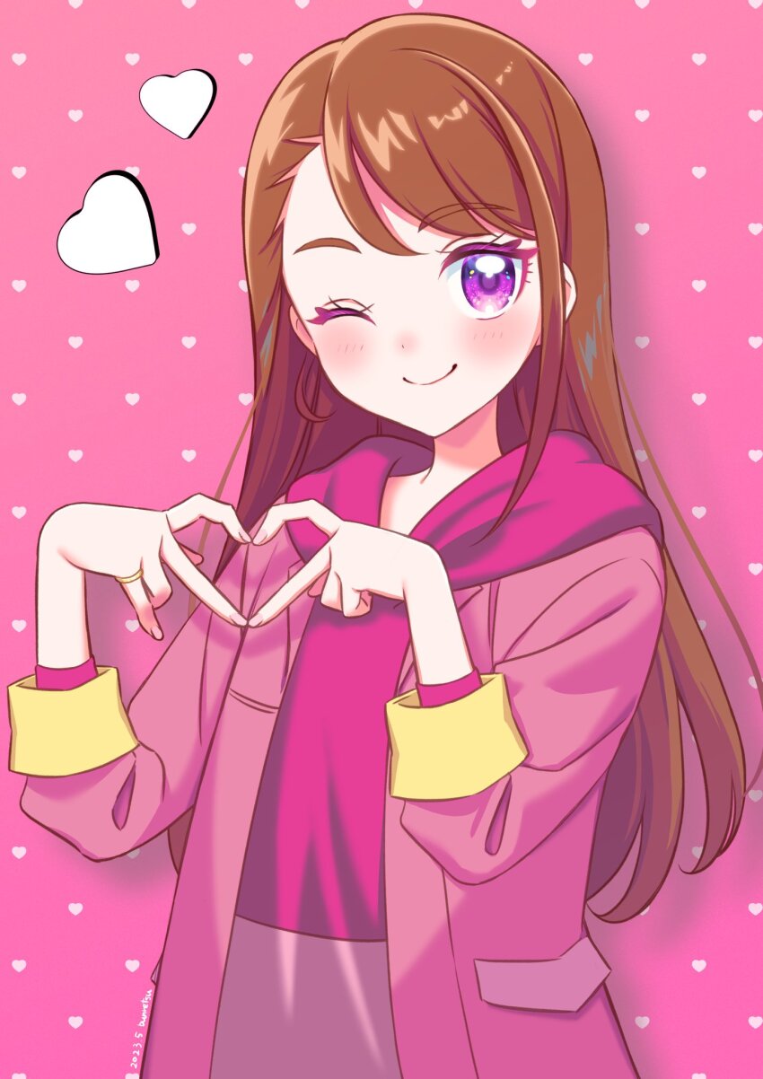 1girl ;) asymmetrical_bangs blush brown_hair bun_(jewd5385) heart heart_hands highres hijiri_ageha hirogaru_sky!_precure hood hoodie jacket jacket_over_hoodie long_hair one_eye_closed pink_hoodie pink_jacket precure purple_eyes smile solo