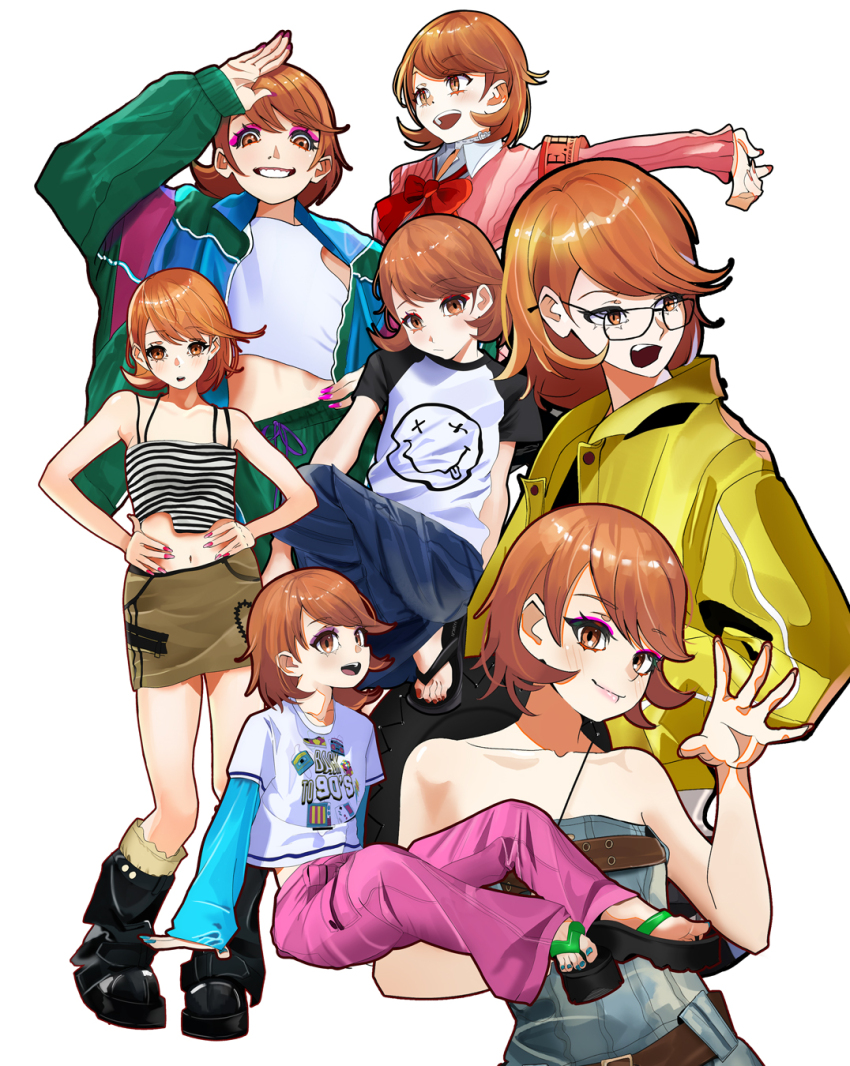1girl alternate_costume arm_support armband bare_arms bare_shoulders blue_pants bow bowtie brown_eyes brown_hair brown_skirt cardigan casual closed_mouth collarbone collared_shirt crop_top cropped_shirt davoxime eyeliner fashion flipped_hair full_body gekkoukan_high_school_uniform glasses hands_on_own_hips highres jacket looking_at_viewer looking_to_the_side makeup midriff miniskirt multicolored_jacket multiple_views nail_polish navel open_clothes open_hand open_jacket open_mouth pants parted_lips persona persona_3 pink_cardigan pink_eyeliner pink_pants red_armband red_bow red_bowtie red_nails ribbed_cardigan s.e.e.s sandals school_uniform shirt short_hair short_sleeves sitting skirt smile standing takeba_yukari upper_body white_background white_shirt yellow_jacket