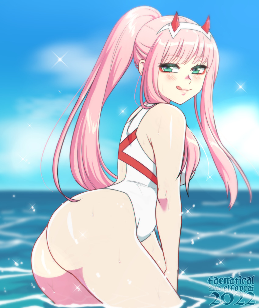 1girl artist_name ass blue_sky breasts commentary darling_in_the_franxx faenatical green_eyes highres horns licking_lips long_hair ocean one-piece_swimsuit one-piece_thong pink_hair ponytail red_horns sky solo swimsuit thong tongue tongue_out wading water white_one-piece_swimsuit