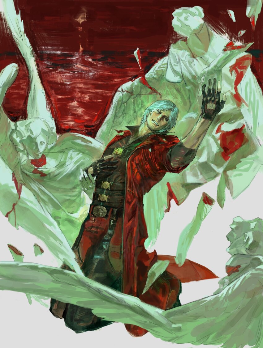 1boy absurdres angel_statue angel_wings arm_up belt black_belt black_gloves black_shirt broken_statue chest_belt coat collared_coat collared_shirt commentary dante_(devil_may_cry) devil_may_cry devil_may_cry_(series) devil_may_cry_4 english_commentary glove_cutout gloves hand_on_own_chest heyheee highres male_focus multiple_belts open_clothes open_coat pants parted_bangs partially_fingerless_gloves red_coat red_pants red_sky red_water shirt sky smile solo statue teeth water white_hair wings
