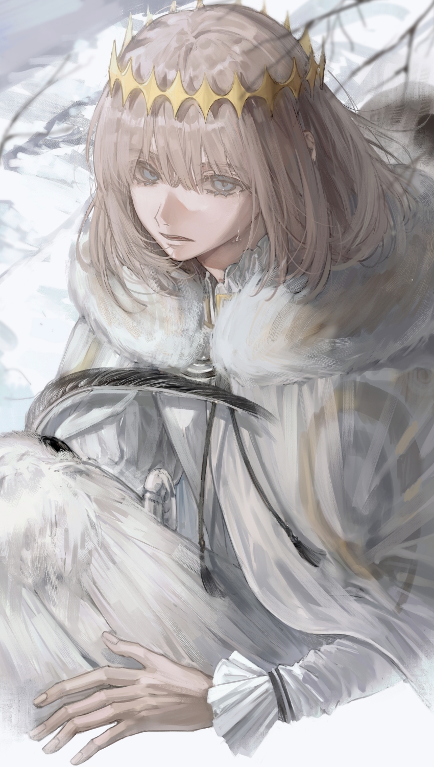 1boy absurdres blanca_(fate) blonde_hair blue_eyes bug cape crown crying diamond_hairband fate/grand_order fate_(series) fur-trimmed_cape fur_trim gold_crown hanli_(chenyu807) highres insect long_sleeves looking_at_viewer male_focus medium_hair moth oberon_(fate) oberon_(second_ascension)_(fate) open_mouth outdoors shirt snow solo tears upper_body white_cape white_shirt