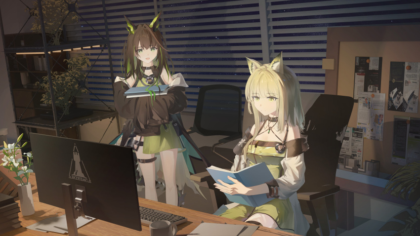 2girls :d absurdres ahoge animal_ear_fluff animal_ears arknights bare_shoulders belt belt_buckle billboard black_belt book bookshelf breasts brown_hair buckle chair chinese_commentary closed_mouth coffee_mug colored_inner_hair commentary_request computer_keyboard cup dress flower green_dress green_eyes green_hair highres holding holding_book huge_ahoge hui_mou indoors kal&#039;tsit_(arknights) long_sleeves looking_at_another making-of_available medium_hair mon3tr_(arknights) monitor mug multicolored_hair multiple_girls night off_shoulder office on_chair open_book open_mouth paper partial_commentary plant potted_plant rhodes_island_logo_(arknights) shelf sitting sleeves_past_fingers sleeves_past_wrists smile split_mouth star_(sky) star_of_life stethoscope stethoscope_around_neck thigh_belt thigh_strap white_flower