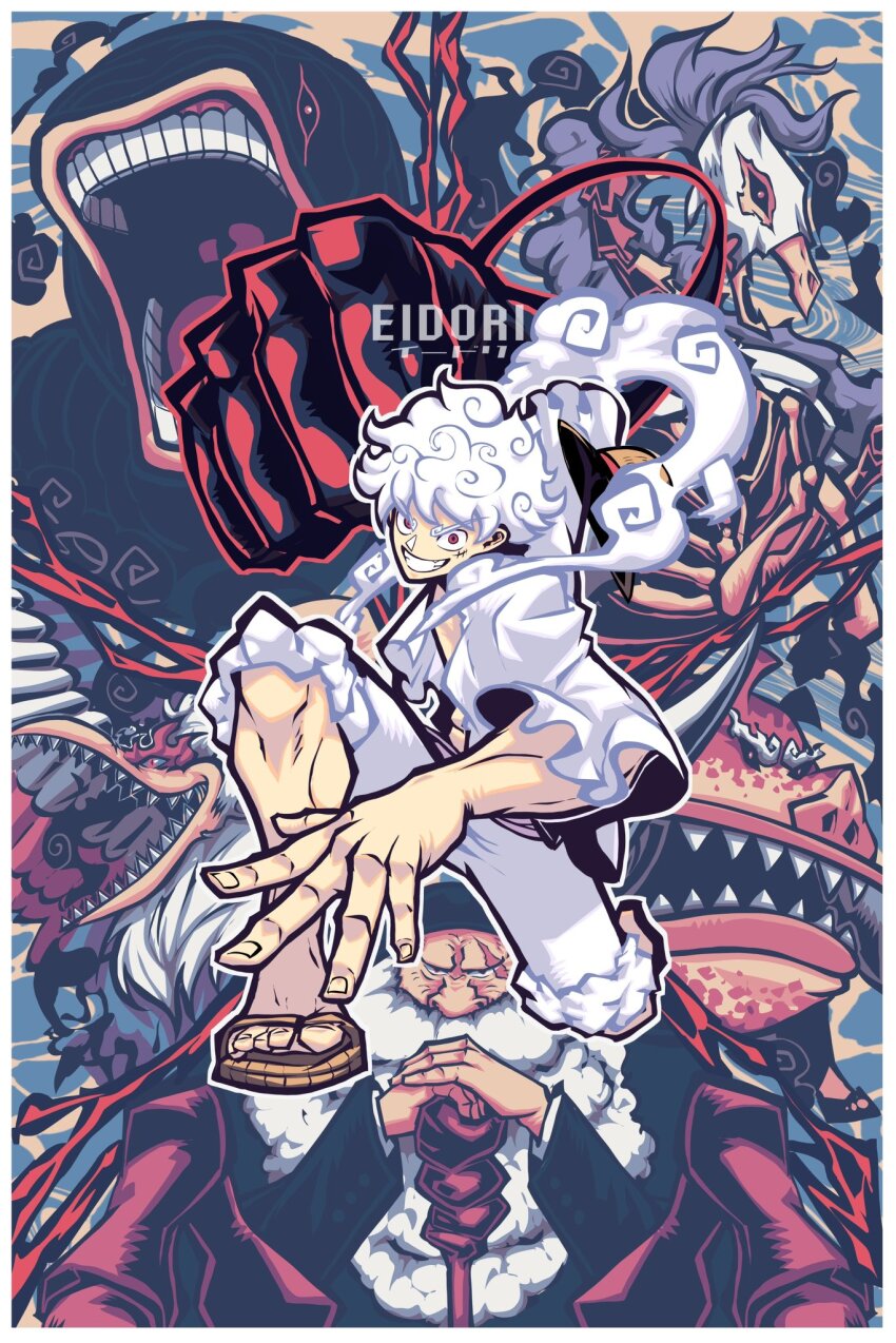 6+boys alternate_form artist_name bakotsu_(youkai) beard bird black_suit boar clenched_hand eidori ethan-baron_v._nusjuro facial_hair formal_clothes gear_fifth hagoromo highres holding holding_staff horse incoming_attack itsumade_(youkai) jaygarcia_saturn long_beard looking_at_viewer male_focus marcus_mars monkey_d._luffy monster_boy multiple_boys one_piece open_mouth red_eyes sandals scar scar_across_eye scar_on_face sharp_teeth shawl shepherd_ju_peter shirt short_hair shorts skeleton smile spider_boy staff suit teeth topman_warcury ushi-oni_(youkai) white_hair white_shirt white_shorts worm