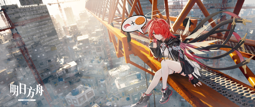 1girl absurdres ankle_boots arknights black_boots black_gloves black_jacket bloom boots building chinese_commentary closed_mouth commentary_request construction_site copyright_name crane_(machine) day de4d_fish detached_wings exusiai_(arknights) exusiai_the_new_covenant_(arknights) fingerless_gloves food full_body gloves hair_over_one_eye halo hand_in_own_hair highres house jacket leaning leaning_forward long_sleeves looking_at_viewer one_eye_covered outdoors red_hair short_hair sitting slums smile smoke solo spoken_food strap sunlight thigh_strap thighhighs traditional_halo white_thighhighs wind wings yellow_eyes yellow_halo