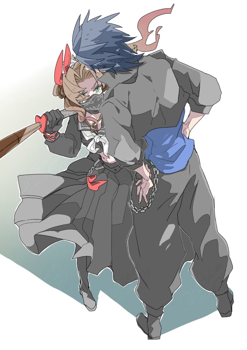 1boy 1girl aerith_gainsborough aerith_gainsborough_(midgard_seventh_high_school) baggy_pants belt_chain black_gloves black_hair black_jacket black_pants black_serafuku black_skirt blue_shirt brown_hair commentary_request cropped_jacket cropped_shirt delinquent final_fantasy final_fantasy_vii final_fantasy_vii_ever_crisis from_behind full_body gakuran gloves green_eyes hair_ribbon hands_on_own_hips height_difference highres holding holding_weapon jacket long_hair long_sleeves looking_at_another mask midriff midriff_peek mouth_mask neckerchief official_alternate_costume oshibainoticket over_shoulder pants parted_bangs pink_ribbon pleated_skirt ribbon school_uniform serafuku shirt skirt spiked_hair standing sukeban weapon white_neckerchief zack_fair zack_fair_(midgard_seventh_high_school)