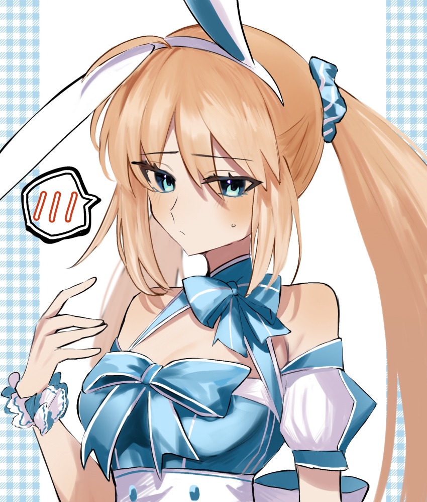 1girl 710_ao animal_ears artoria_caster_(fate) artoria_caster_(swimsuit_berserker)_(fate) artoria_caster_(swimsuit_berserker)_(second_ascension)_(fate) artoria_pendragon_(fate) bare_shoulders blonde_hair blue_dress blue_scrunchie blush breasts closed_mouth commentary_request detached_sleeves dress fake_animal_ears fate/grand_order fate_(series) green_eyes hair_ornament hair_scrunchie highres long_hair looking_at_viewer medium_breasts official_alternate_costume rabbit_ears scrunchie solo sweatdrop twintails very_long_hair