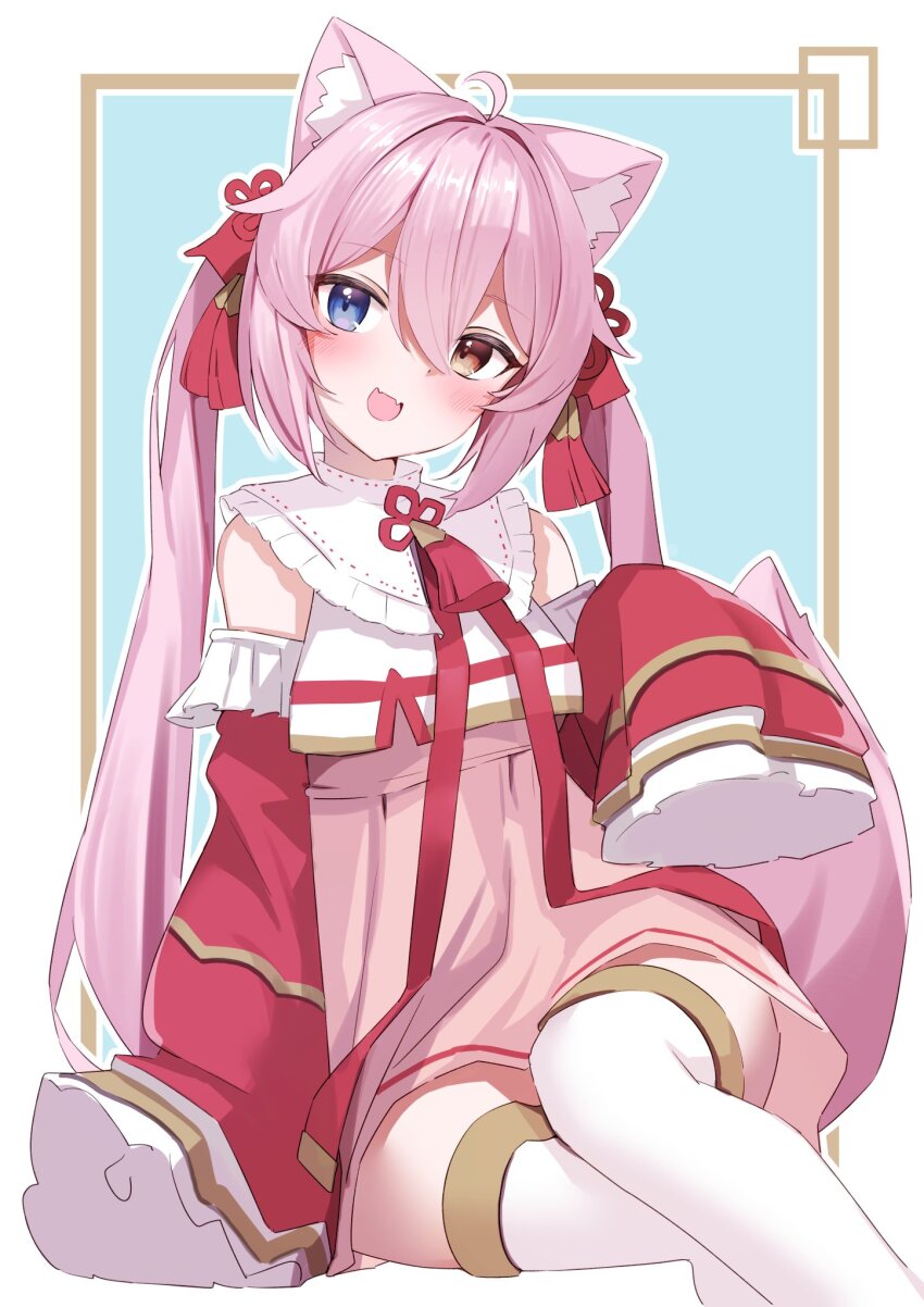 1girl :d ahoge animal_ear_fluff animal_ears blue_background blue_eyes blush border brown_eyes cat_ears cat_girl cat_tail collar detached_sleeves dress feet_out_of_frame frilled_collar frilled_sleeves frills hair_between_eyes hair_ornament heterochromia highres long_hair long_sleeves looking_at_viewer open_mouth pink_dress pink_hair red_sleeves runya_(vrchat) sidelocks sitting six_box sleeves_past_fingers sleeves_past_wrists smile solo tail tassel tassel_hair_ornament thighhighs twintails very_long_hair vrchat white_thighhighs wide_sleeves yellow_eyes