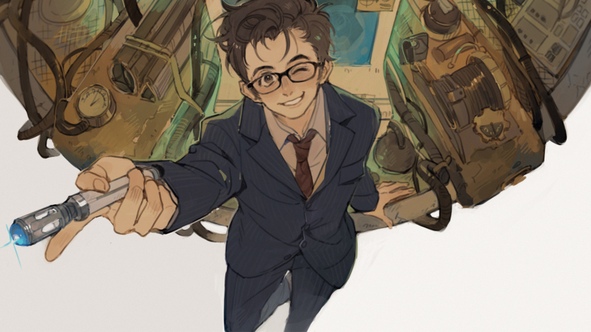 1boy blue_suit brown_eyes brown_hair collared_shirt commentary doctor_who english_commentary formal_clothes from_above glasses highres holding luminous_slime male_focus necktie one_eye_closed perspective pinstripe_pattern red_necktie shirt short_hair solo sonic_screwdriver striped_clothes suit tenth_doctor_(doctor_who) the_doctor the_doctor_(doctor_who) vertical-striped_clothes white_shirt