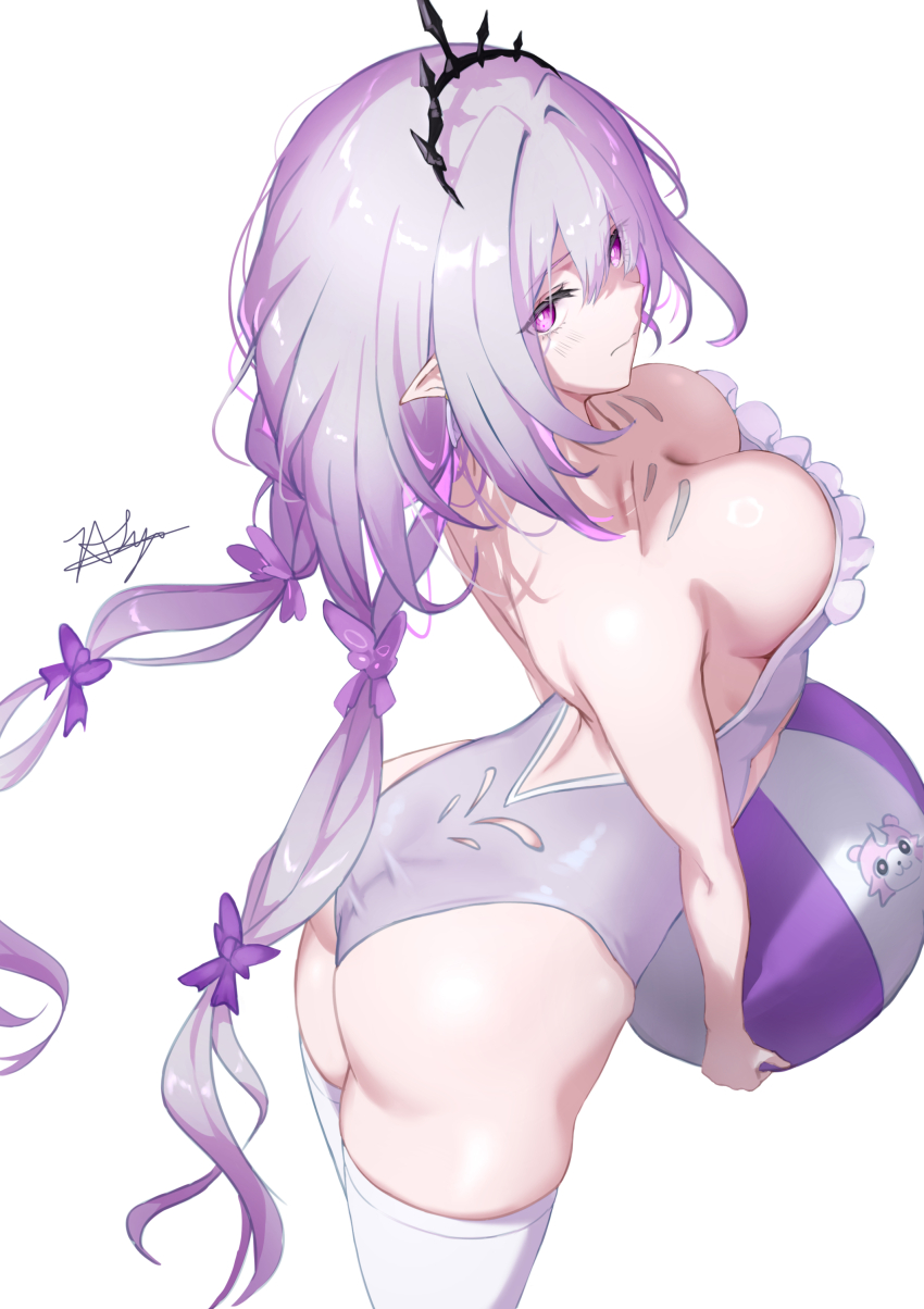 1girl absurdres ass ball beachball black_tiara breasts castorice_(honkai:_star_rail) chaciooh cleavage commentary from_above highres holding holding_ball holding_beachball honkai:_star_rail honkai_(series) large_breasts long_hair one-piece_swimsuit pointy_ears purple_eyes purple_hair purple_one-piece_swimsuit solo swimsuit thighhighs thighs tiara very_long_hair white_thighhighs