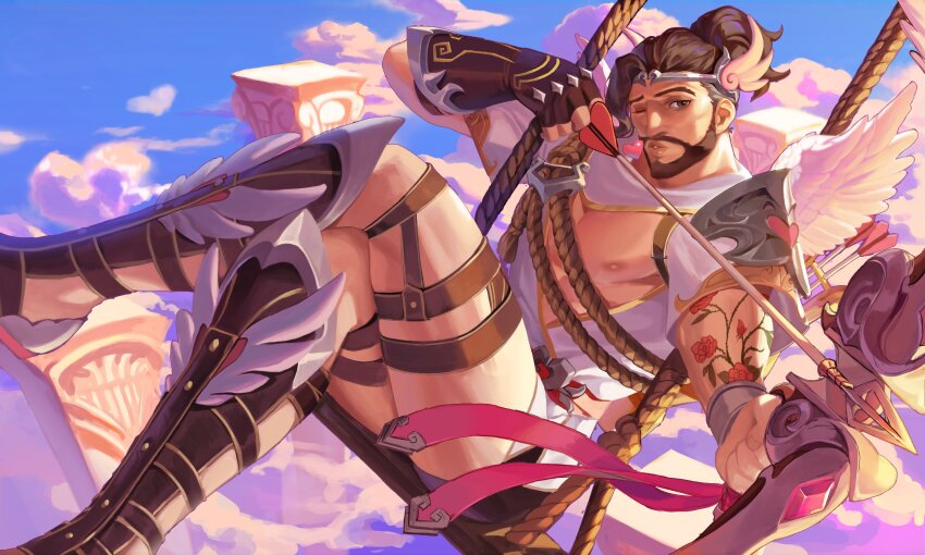 1boy absurdres arm_tattoo arrow_(projectile) bara beard black_gloves boots bow_(weapon) brown_eyes cupid cupid_hanzo day facial_hair fingerless_gloves flower_tattoo gloves greco-roman_clothes hanzo_(overwatch) heart highres holding holding_arrow holding_weapon large_pectorals long_hair looking_at_viewer male_focus muscular muscular_male nipples official_alternate_costume on_(isk1812) one_eye_closed outdoors overwatch overwatch_2 parted_lips pectorals pink_wings ponytail sky solo tattoo tiara weapon wings