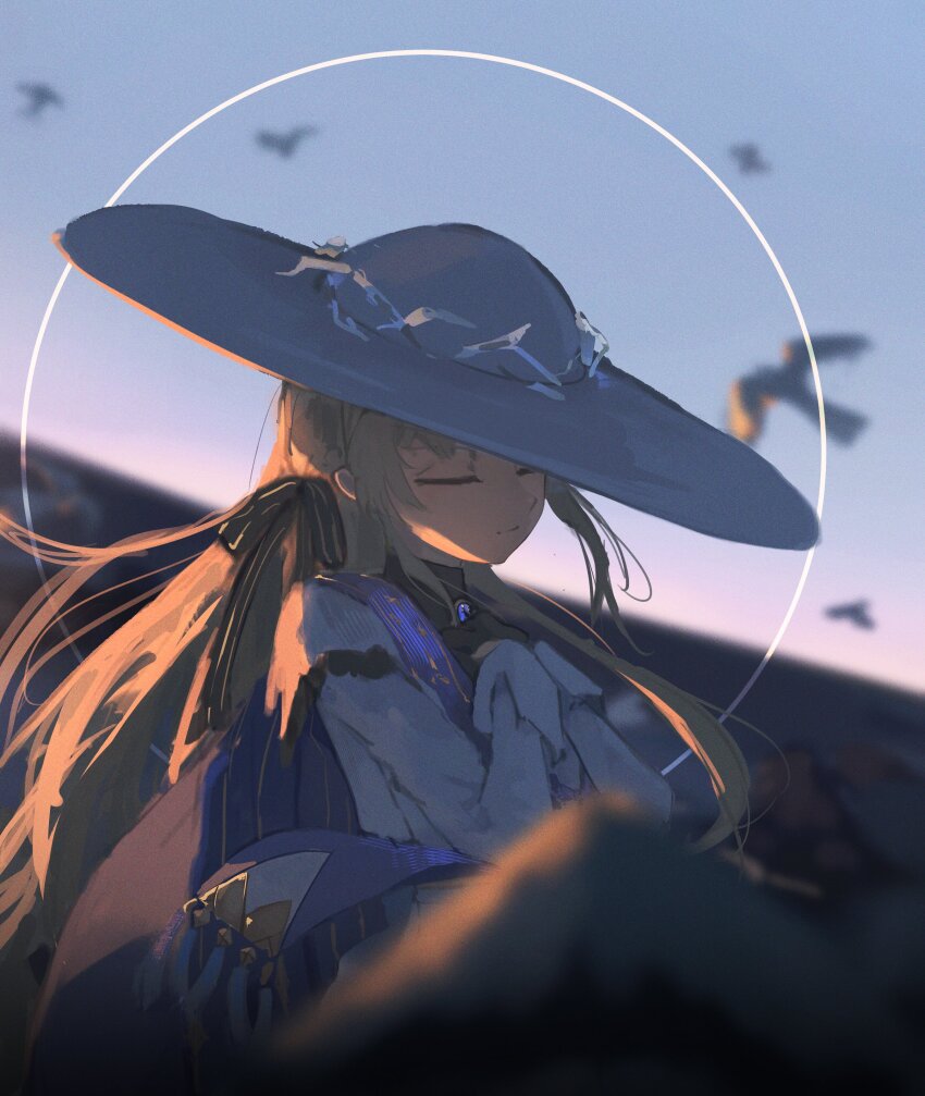 absurdres black_bow black_collar black_gloves blue_gemstone blue_sash blue_sky blurry blurry_foreground bow closed_eyes closed_mouth collar dawn eien_001 gem gloves gradient_sky hair_bow hands_on_own_chest hat highres long_sleeves outdoors own_hands_together phoebe_(wuthering_waves) purple_sky sash shirt sky striped_bow upper_body white_hat white_shirt wuthering_waves