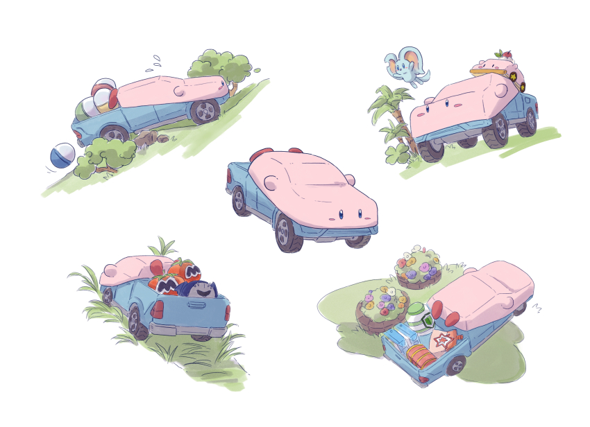 absurdres animal_ears blush_stickers car-mouth_cake car_mouth colored_skin elfilin flower flying_sweatdrops highres kirby kirby_(series) kirby_and_the_forgotten_land maxim_tomato meta_knight motor_vehicle mouse_ears mouthful_mode multiple_views nintendo no_humans notched_ear palm_tree pickup_truck pink_skin solid_oval_eyes trade-wind tree truck