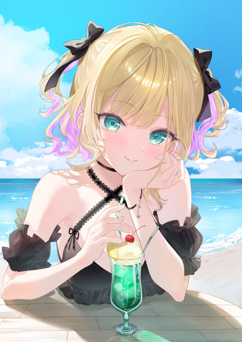 1girl absurdres bare_shoulders beach bikini black_bikini black_bow black_choker black_sleeves blue_sky blush bow bracelet breasts cherry choker closed_mouth cloud cloudy_sky colored_inner_hair commentary day detached_sleeves drink drinking_straw fang fingernails food fruit green_eyes hair_bow hand_on_own_cheek hand_on_own_face highres ice_cream jewelry kurumi_noah lemon lemon_slice looking_at_viewer medium_breasts medium_hair multicolored_hair nail_polish ocean outdoors pink_hair pink_lips pink_nails sand shinomiya_ino short_sleeves skin_fang sky smile solo spoon swimsuit two-tone_hair two_side_up virtual_youtuber vspo!