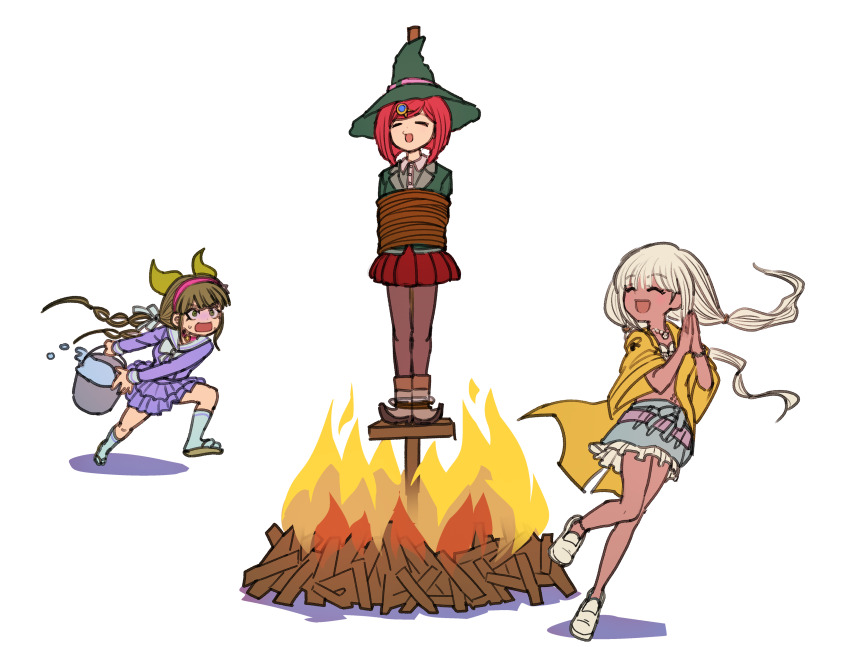 3girls :d :o absurdres bound bow bowtie brown_footwear brown_hair brown_pantyhose bucket burning_at_the_stake chabashira_tenko closed_eyes danganronpa_(series) danganronpa_v3:_killing_harmony dark-skinned_female dark_skin fire frilled_skirt frills gem green_hair green_jacket hairband happy hat highres holding holding_bucket jacket jewelry kneehighs layered_skirt long_hair long_sleeves multiple_girls necklace open_clothes open_jacket open_mouth own_hands_clasped own_hands_together pantyhose pink_hairband pleated_skirt red_skirt running shoes skirt smile socks sweat tied_to_stake twintails water witch_hat yonaga_angie youko-shima yumeno_himiko