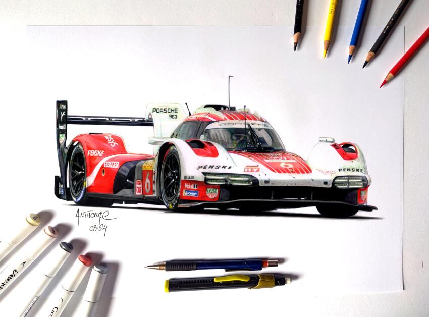 absurdres anthony-c art_tools_in_frame artist_name car colored_pencil colored_pencil_(medium) commentary english_commentary highres ink_(medium) le_mans_prototype michelin michelin_man mobil1 motor_vehicle no_humans pen pencil photo_(medium) porsche porsche_963 puma_(brand) race_vehicle racecar radio_antenna shadow simple_background spoiler_(automobile) traditional_media vehicle_focus white_background world_endurance_championship
