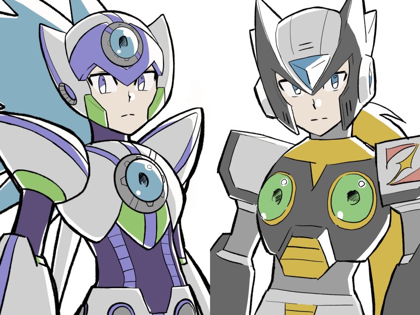2boys absurdres android armor axl_(mega_man) black_armor black_helmet black_zero_(mega_man) blonde_hair blue_eyes blue_hair chest_jewel cowboy_shot forehead_jewel helmet highres long_hair male_focus mega_man_(series) mega_man_x_(series) multiple_boys purple_eyes spiked_hair ten_(ten_rockman) upper_body white_armor white_axl_(mega_man) white_helmet zero_(mega_man)