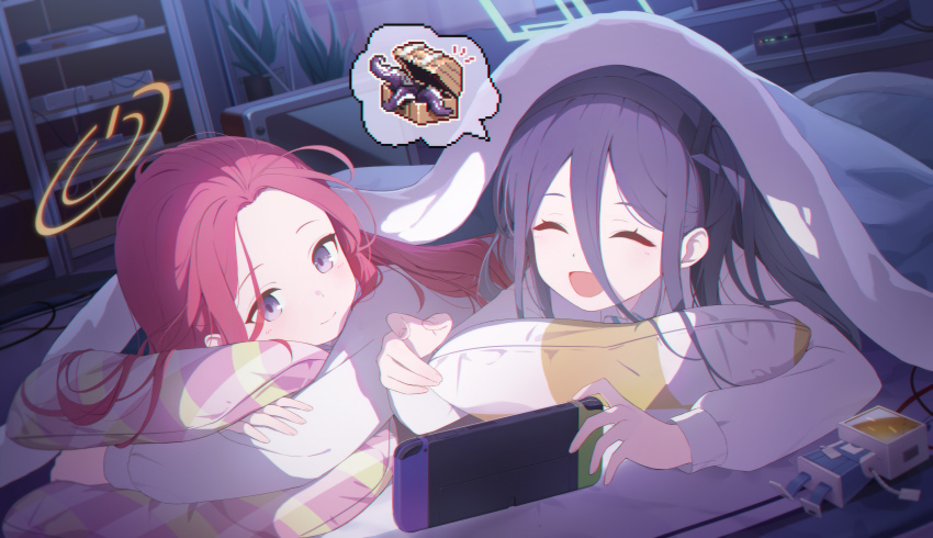 2girls absurdly_long_hair absurdres aris_(blue_archive) black_hair blue_archive closed_eyes closed_mouth green_halo halo highres indoors long_hair long_sleeves lying multiple_girls nintendo_switch on_stomach open_mouth orange_halo purple_eyes red_hair smile soeyumi very_long_hair yuzu_(blue_archive)