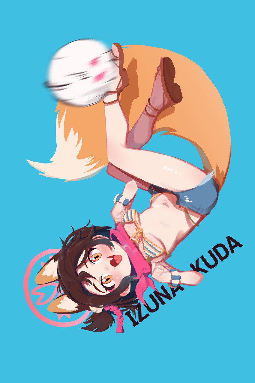1girl absurdres animal_ear_fluff animal_ears ball bikini blue_archive blue_background blue_shorts breasts brown_hair commentary denim denim_shorts english_commentary fox_ears fox_girl fox_tail halo highres izuna_(blue_archive) izuna_(swimsuit)_(blue_archive) lulubelleiii navel official_alternate_costume open_mouth orange_eyes pink_halo short_hair short_shorts shorts simple_background small_breasts solo swimsuit tail