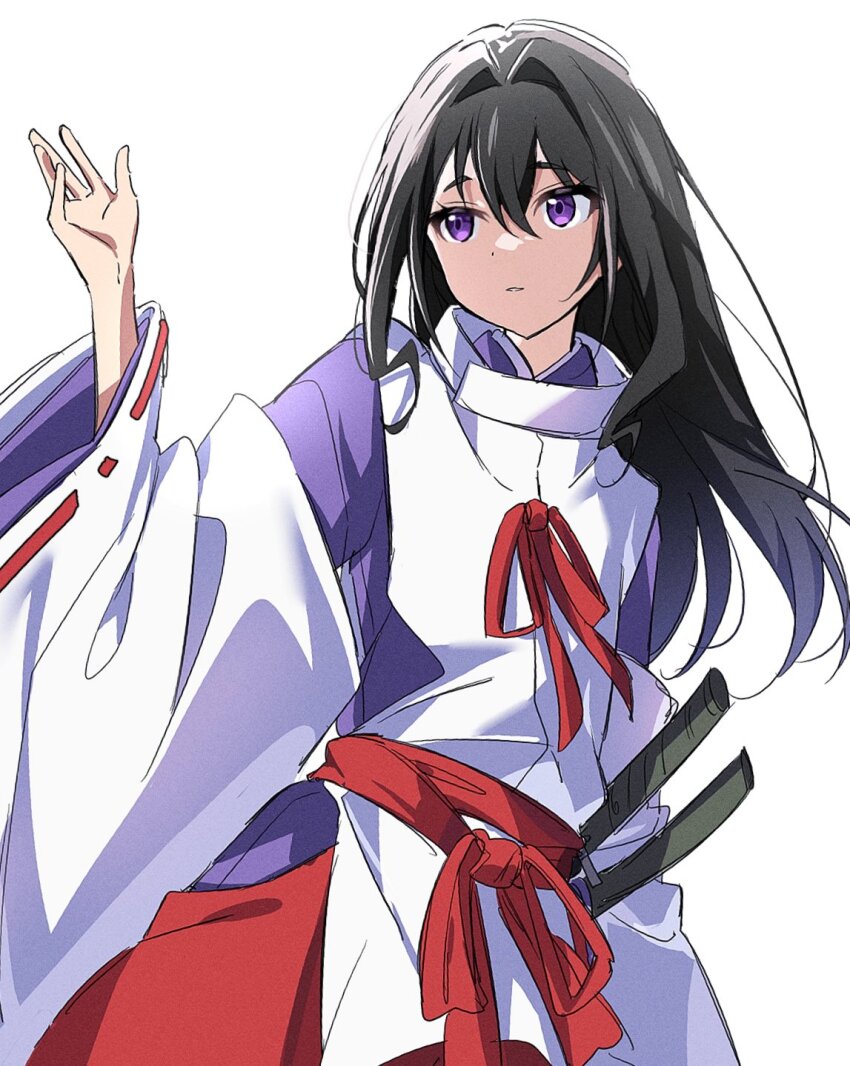 1boy backlighting black_hair cowboy_shot curly_sidelocks hair_between_eyes hair_intakes hakama hand_up highres houjou_tokiyuki_(nige_jouzu_no_wakagimi) japanese_clothes kariginu long_hair looking_up male_focus nige_jouzu_no_wakagimi parted_lips purple_eyes raised_eyebrows red_hakama red_sash ribbon-trimmed_sleeves ribbon_trim sash scabbard sheath sidelocks simple_background solo white_background wide_sleeves yur11