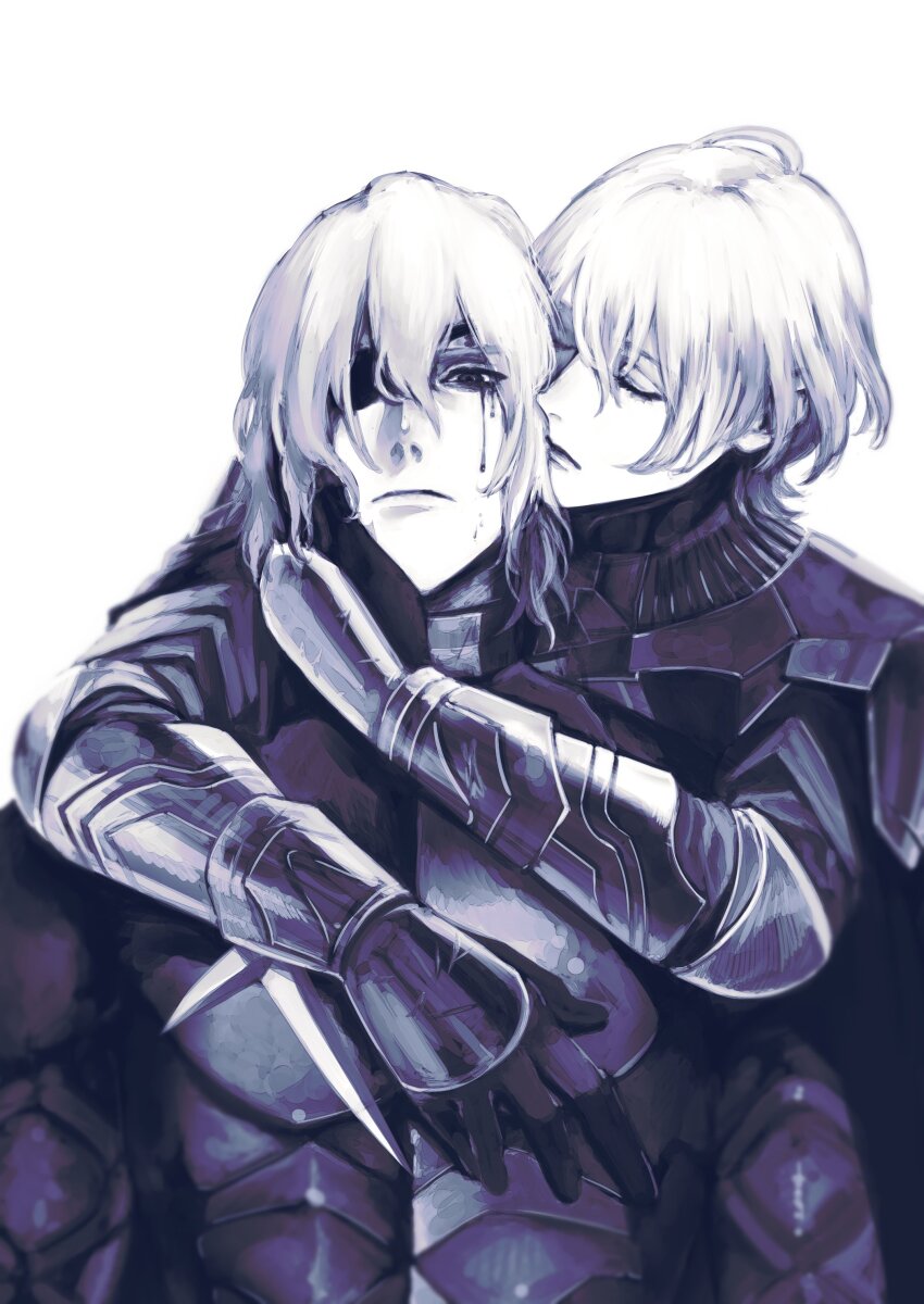 2boys absurdres arm_around_shoulder armor breastplate male_byleth_(fire_emblem) cape closed_eyes closed_mouth commentary_request crying crying_with_eyes_open dimitri_alexandre_blaiddyd dimitri_alexandre_blaiddyd_(timeskip) double-parted_bangs eyepatch fire_emblem fire_emblem:_three_houses frown gloves gorget greyscale hair_between_eyes hand_on_another&#039;s_face highres kiss kissing_cheek male_focus monochrome multiple_boys nintendo one_eye_covered simple_background streaming_tears tears tears_from_one_eye upper_body urup_zzz white_background yaoi