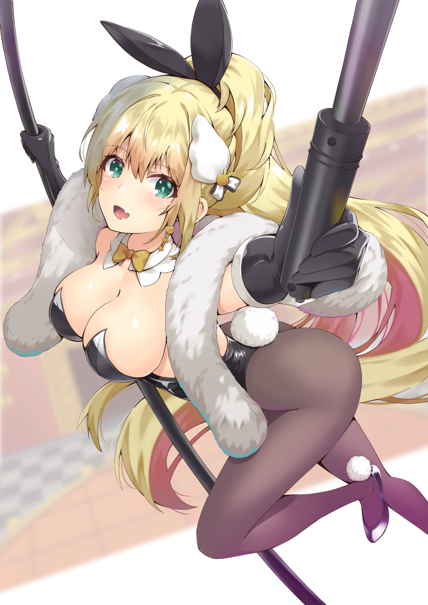 1girl :d animal_ears ass black_gloves black_leotard blonde_hair blush bow bowtie breasts brown_pantyhose cleavage detached_collar earrings fake_animal_ears fake_tail fang feather_boa gloves goddess_of_victory:_nikke green_eyes hair_ornament highleg highleg_leotard highres holding jewelry large_breasts leaning_forward leotard long_hair looking_at_viewer official_alternate_costume open_mouth pantyhose playboy_bunny ponytail rabbit_ears rabbit_tail rizurizum rupee_(nikke) rupee_(rabbit_deluxe)_(nikke) skin_fang smile solo strapless strapless_leotard tail yellow_bow yellow_bowtie