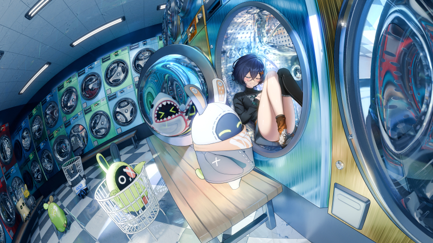 &gt;_&lt; 1girl ^_^ absurdres amillion_(zenless_zone_zero) animal_ears avocaboo_(zenless_zone_zero) bagboo_(zenless_zone_zero) bangboo_(zenless_zone_zero) belle_(zenless_zone_zero) black_thighhighs blue_hair blush chain chain_necklace closed_eyes closed_mouth dark_blue_hair doll eous_(zenless_zone_zero) grey_skirt guisin_(chibi_ghost) hair_between_eyes hair_ornament highres indoors jewelry laundromat laundry_basket long_sleeves lying multicolored_socks necklace on_back rabbit_ears safety_(zenless_zone_zero) sharkboo_(zenless_zone_zero) shoes short_hair single_sock single_thighhigh skirt smile sneakers socks solo_focus thighhighs trash_can turtleneck washing_machine white_footwear zenless_zone_zero